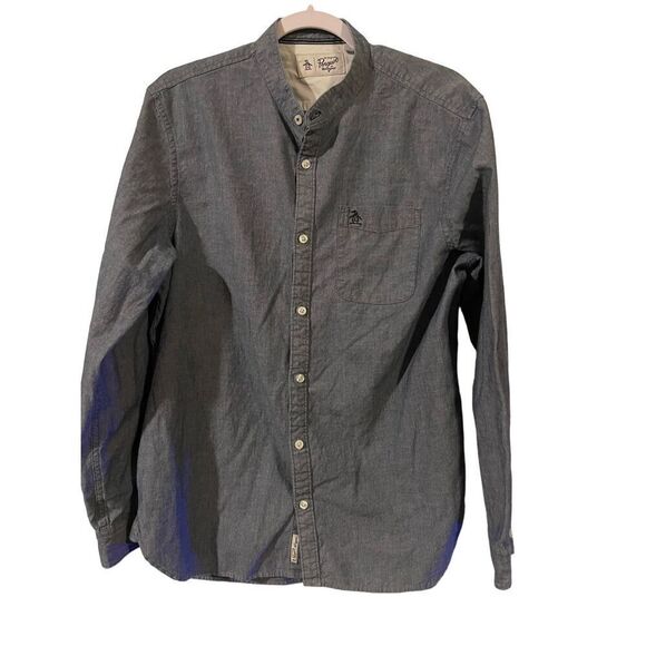 Penguin Men's Brown Long-Sleeve Mock Neck Button-Down Shirt Large - Picture 1 of 14